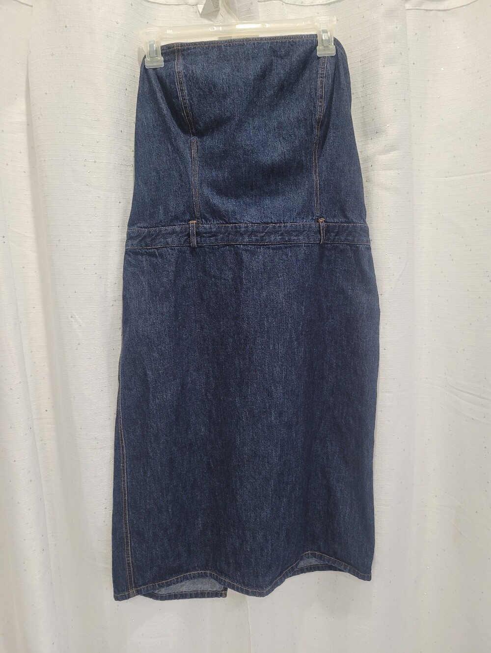 J.Crew dark wash strapless denim midi dress featuring structured panel tailoring